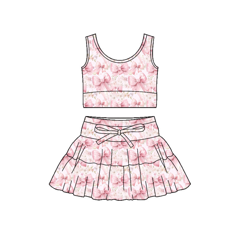 Pre-order no moq GSD3625 pre-order baby girl clothes summer yoga bow floral pink sleeveless skirt sets-26.1.12