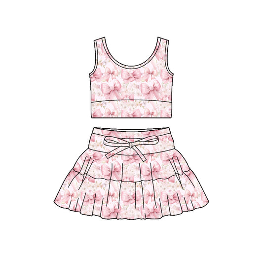 Pre-order no moq GSD3625 pre-order baby girl clothes summer yoga bow floral pink sleeveless skirt sets-26.1.12