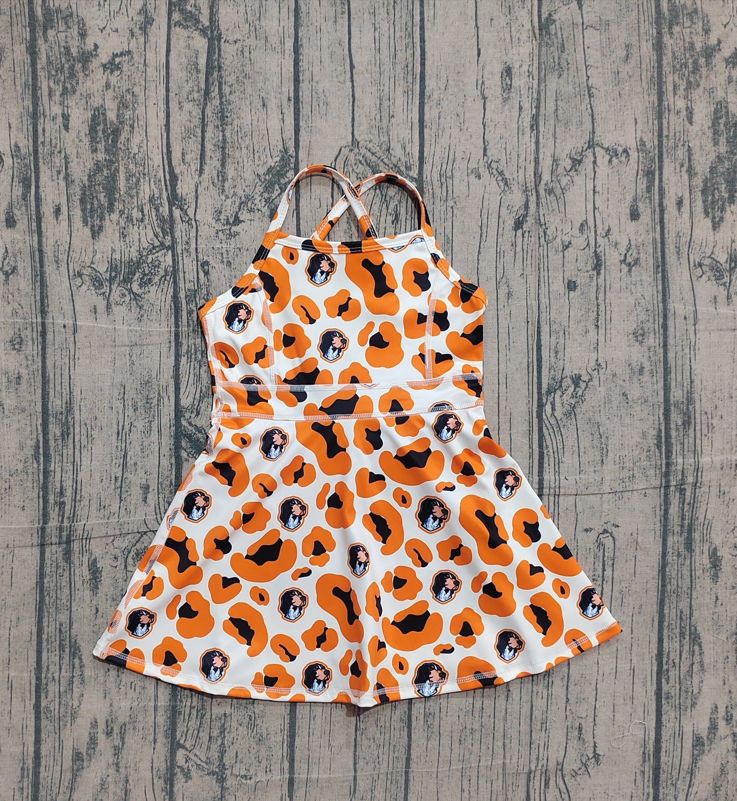 Pre-order no moq GSD3634 pre-order baby girl clothes summer yoga team camouflage orange sleeveless dress-26.1.19