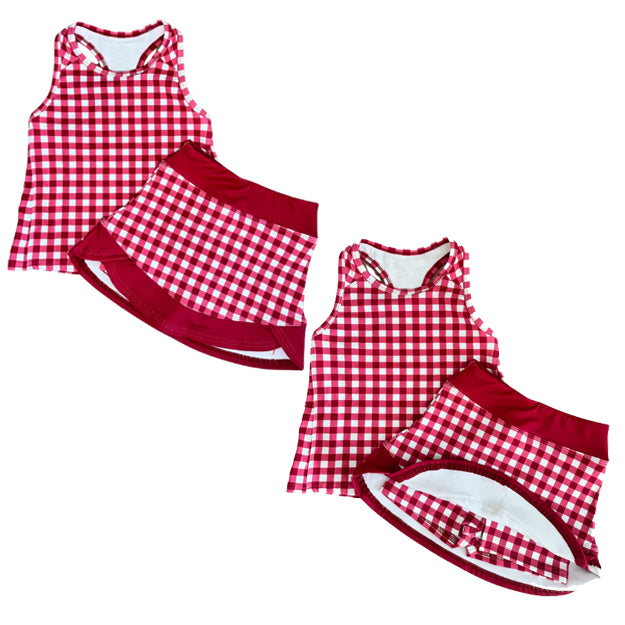 Pre-order no moq GSD3650 pre-order baby girl clothes summer yoga red plaid sleeveless skirt sets-26.1.14