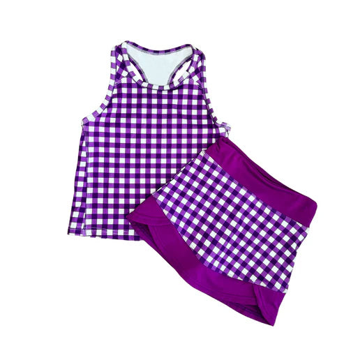Pre-order no moq GSD3651 pre-order baby girl clothes summer yoga purple plaid sleeveless skirt sets-26.1.14