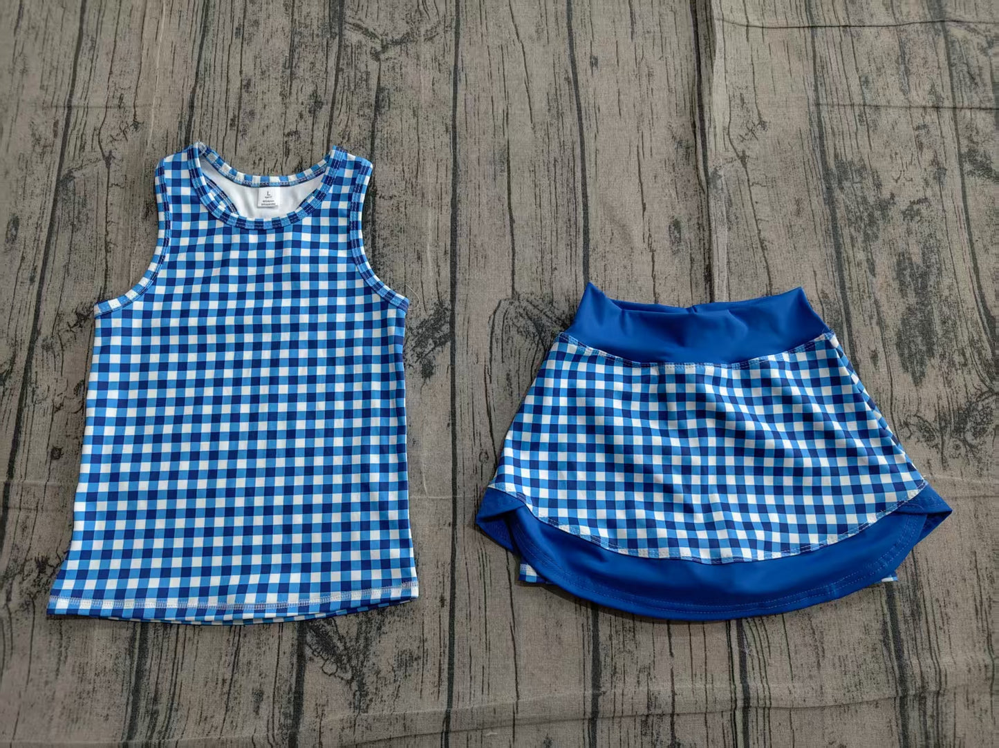 GSD3652 Preorder Sample Baby Girls Blue Checked Tunic Skirt Short Yoga Active Clothes Sets