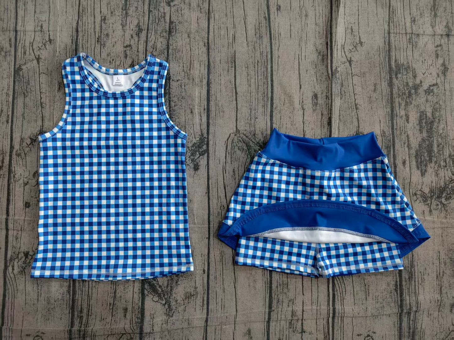 GSD3652 Preorder Sample Baby Girls Blue Checked Tunic Skirt Short Yoga Active Clothes Sets