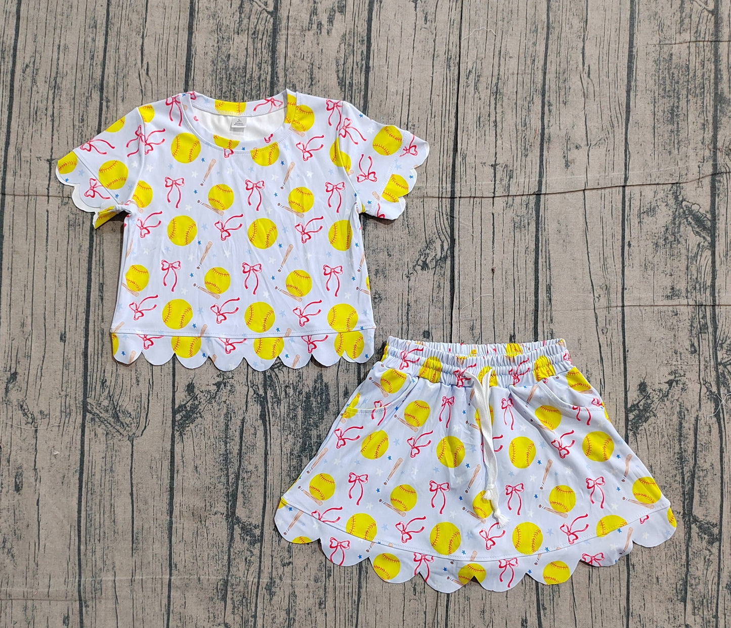 GSD3655 Preorder Sample Baby Girl Bows Softballs Top Skirt Short Team Yoga Active Clothes Sets