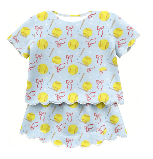 Pre-order no moq GSD3655 pre-order baby girl clothes summer yoga baseball bow short sleeve skirt sets-26.1.14