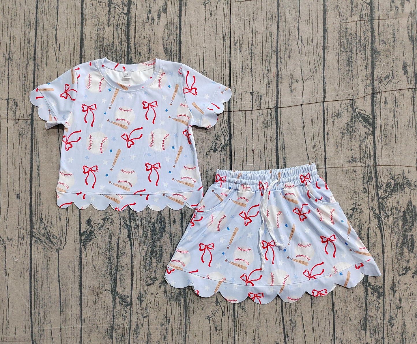 GSD3656 Preorder Sample Baby Girl Bows Baseballs Top Skirt Short Team Yoga Active Clothes Sets