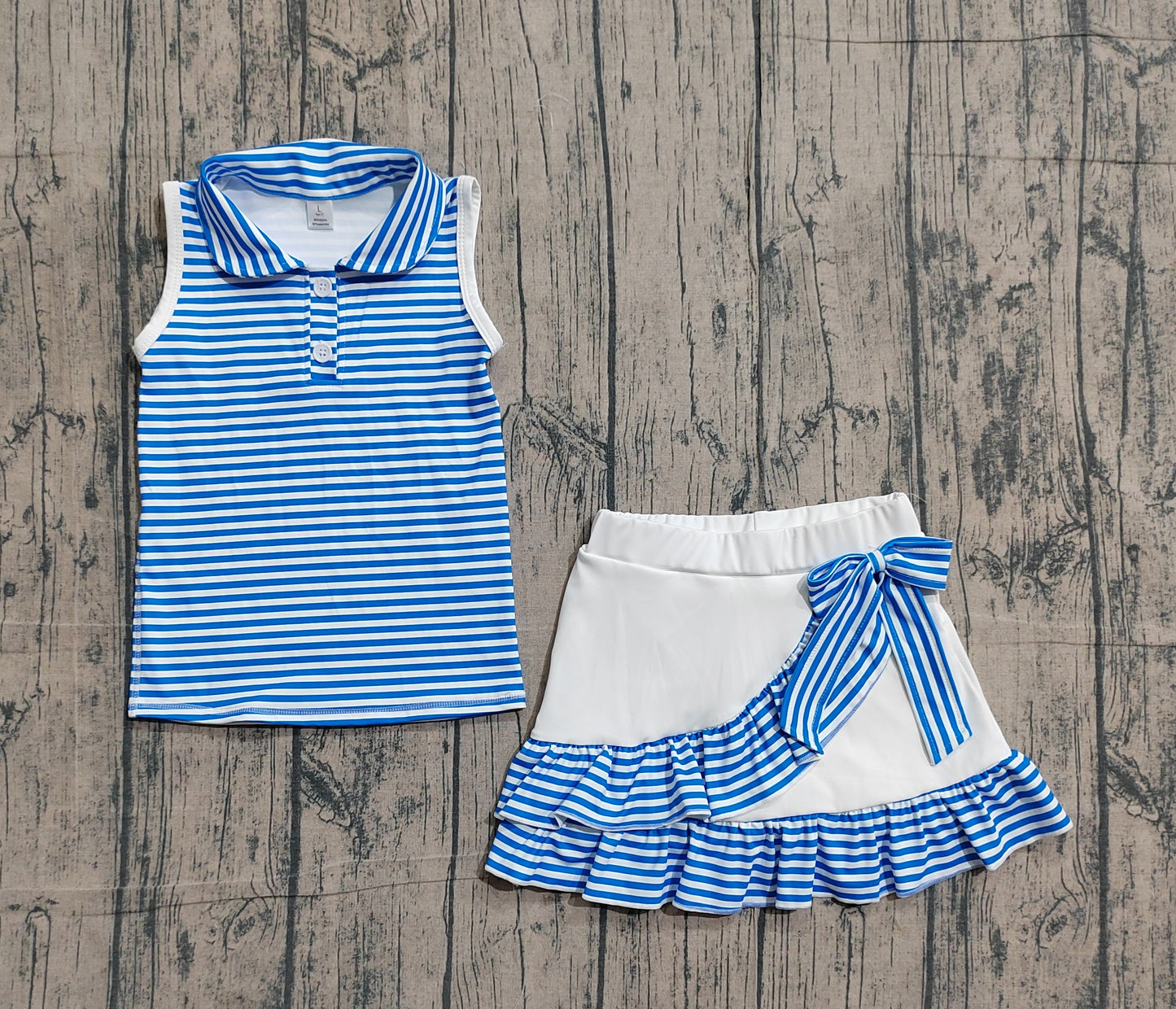GSD3661 Preorder Sample Baby Girl Blue Stripe Button Top Skirt Shorts Yoga Active Clothes Sets