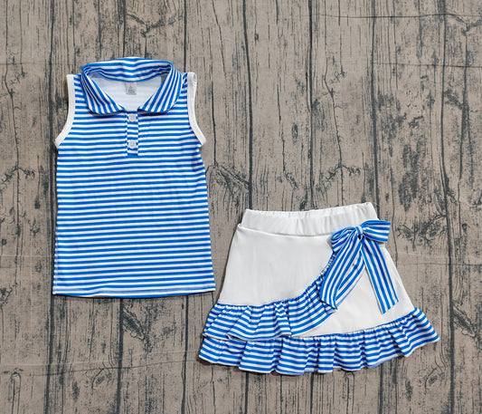 GSD3661 Preorder Sample Baby Girl Blue Stripe Button Top Skirt Shorts Yoga Active Clothes Sets