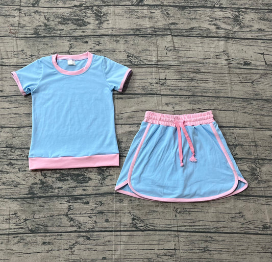 GSD3671 Preorder Sample Baby Girl Light Blue Top Skirt Shorts Cotton Clothes Sets