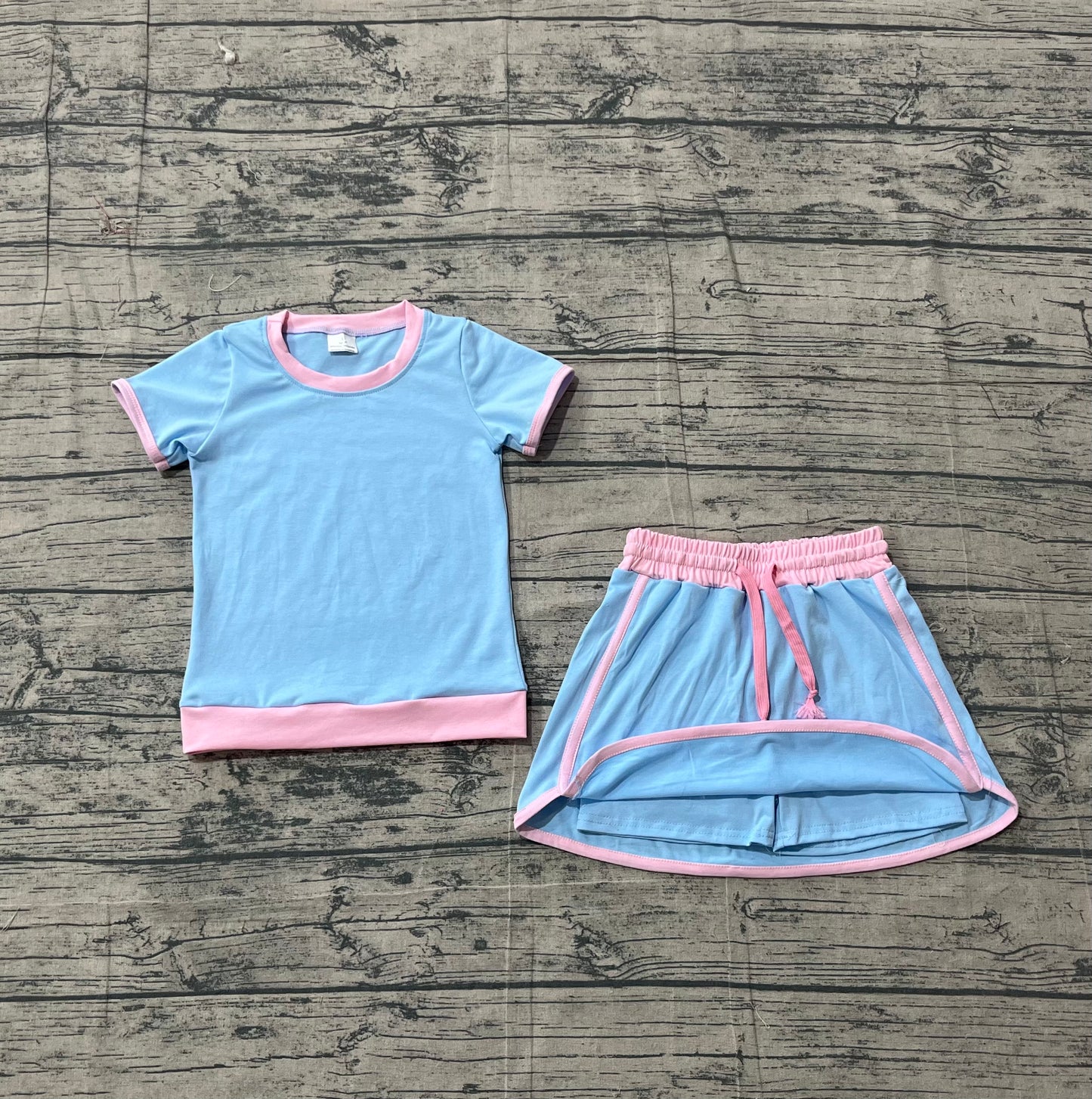 GSD3671 Preorder Sample Baby Girl Light Blue Top Skirt Shorts Cotton Clothes Sets