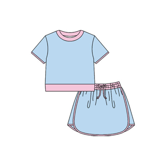Pre-order no moq GSD3671 pre-order baby girl clothes summer yoga blue short sleeve skirt sets-26.1.16