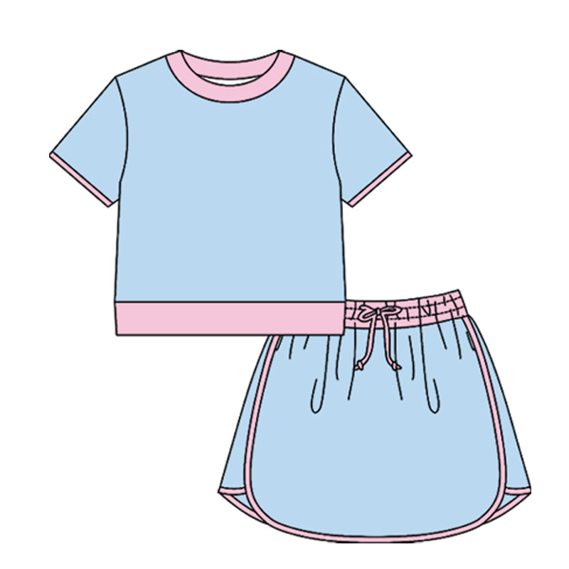 Pre-order no moq GSD3674 adult clothes summer yoga blue short sleeve skirts set-26.1.16