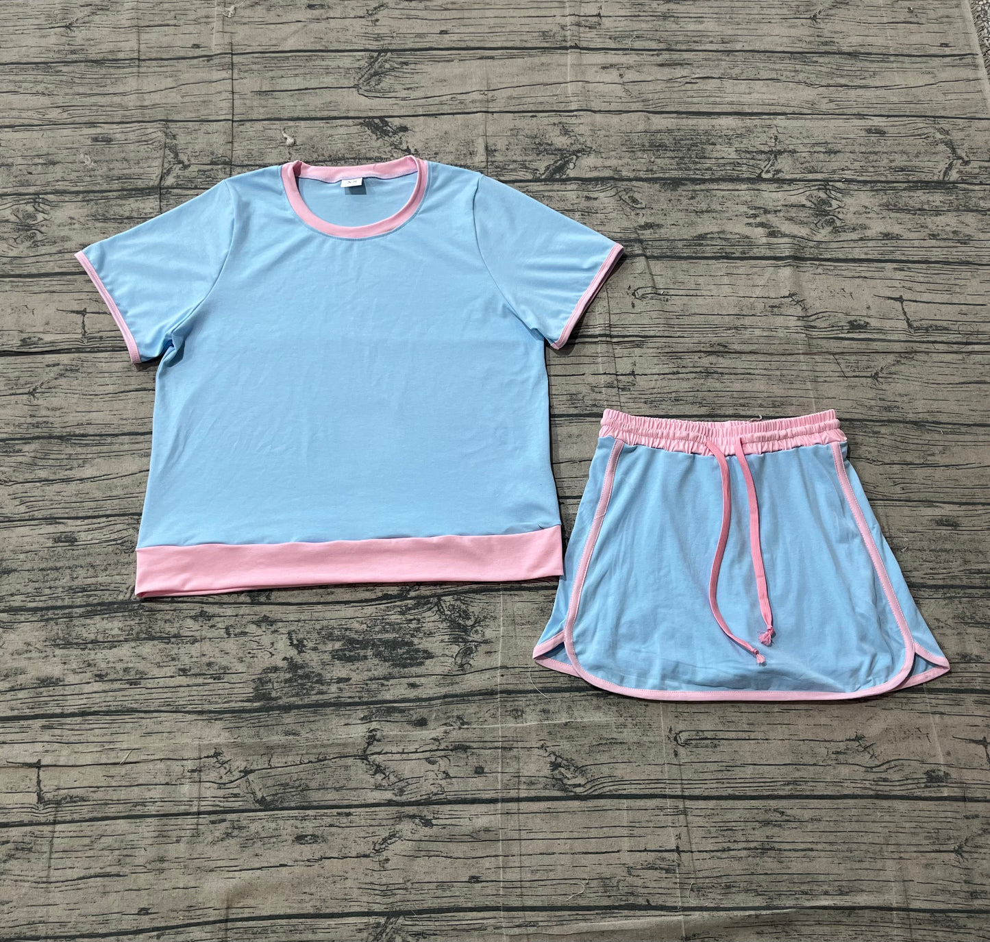 GSD3674 Preorder Sample Adult Women Light Blue Top Skirt Shorts Cotton Clothes Set