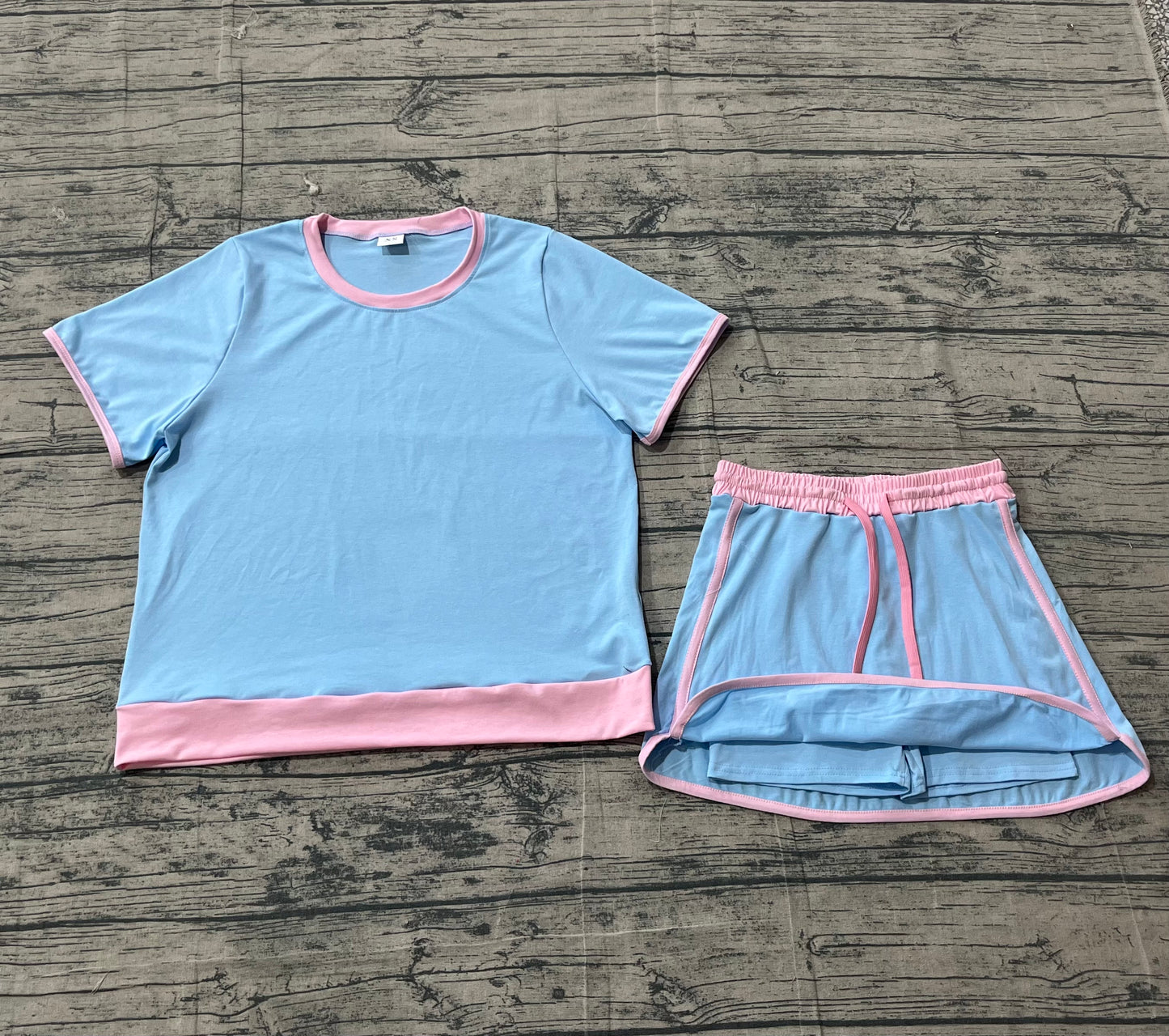 GSD3674 Preorder Sample Adult Women Light Blue Top Skirt Shorts Cotton Clothes Set