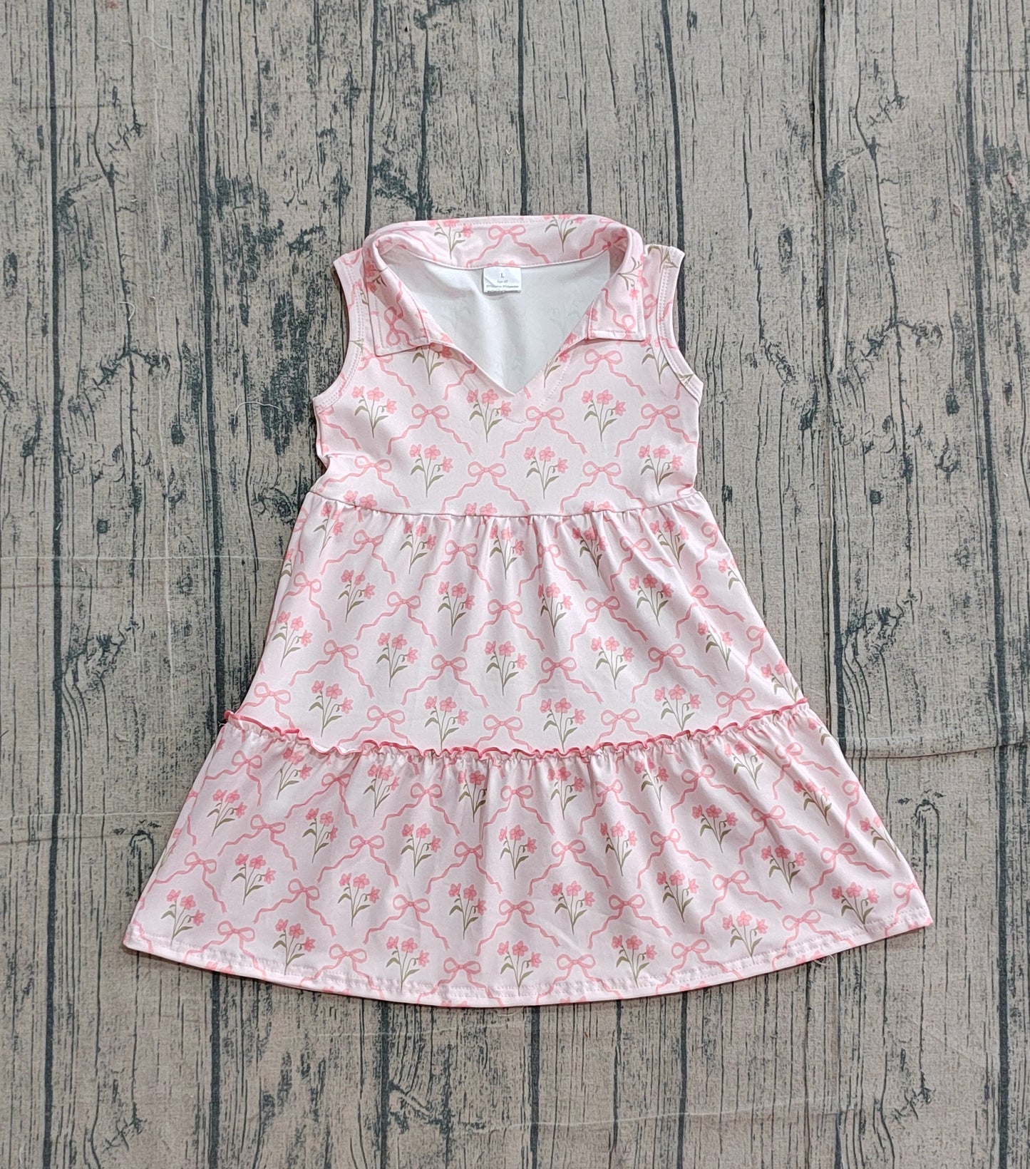 GSD3678 Preorder Sample Baby Girl Sleeveless Pink Bow Flowers Checked Patchwork Knee Length Dress