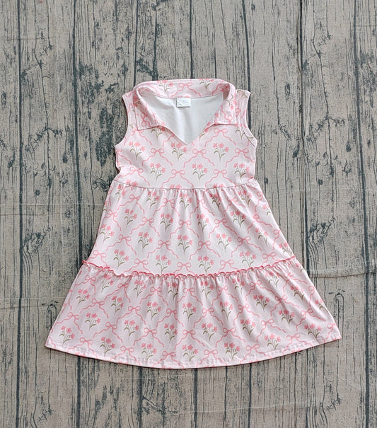 GSD3678 Preorder Sample Baby Girl Sleeveless Pink Bow Flowers Checked Patchwork Knee Length Dress