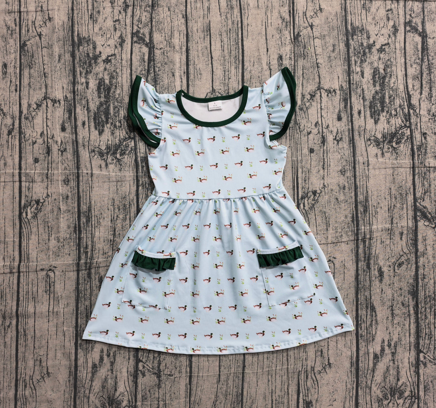 GSD3679 Preorder IRL Baby Girl Flutter Sleeve Ducks Pockets Hunting Knee Length Dress