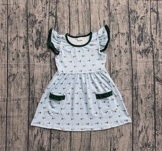 GSD3679 Preorder IRL Baby Girl Flutter Sleeve Ducks Pockets Hunting Knee Length Dress