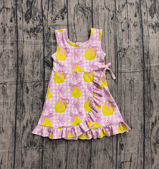 GSD3683 Preorder IRL Baby Girl Pink Checked Bows Lemons Yoga Active Scallop Shorts Knee Length Dress