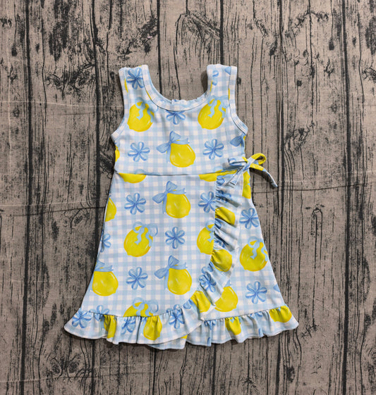 GSD3684 Preorder IRL Baby Girl Blue Checked Bows Lemons Yoga Active Scallop Shorts Knee Length Dress