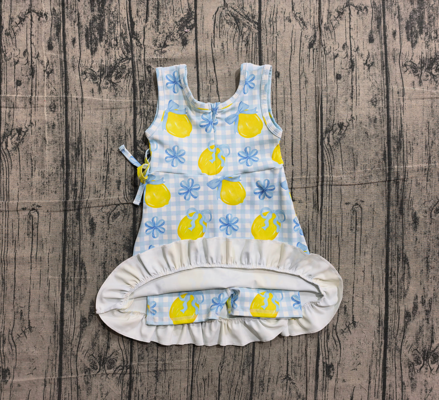 GSD3684 Preorder IRL Baby Girl Blue Checked Bows Lemons Yoga Active Scallop Shorts Knee Length Dress