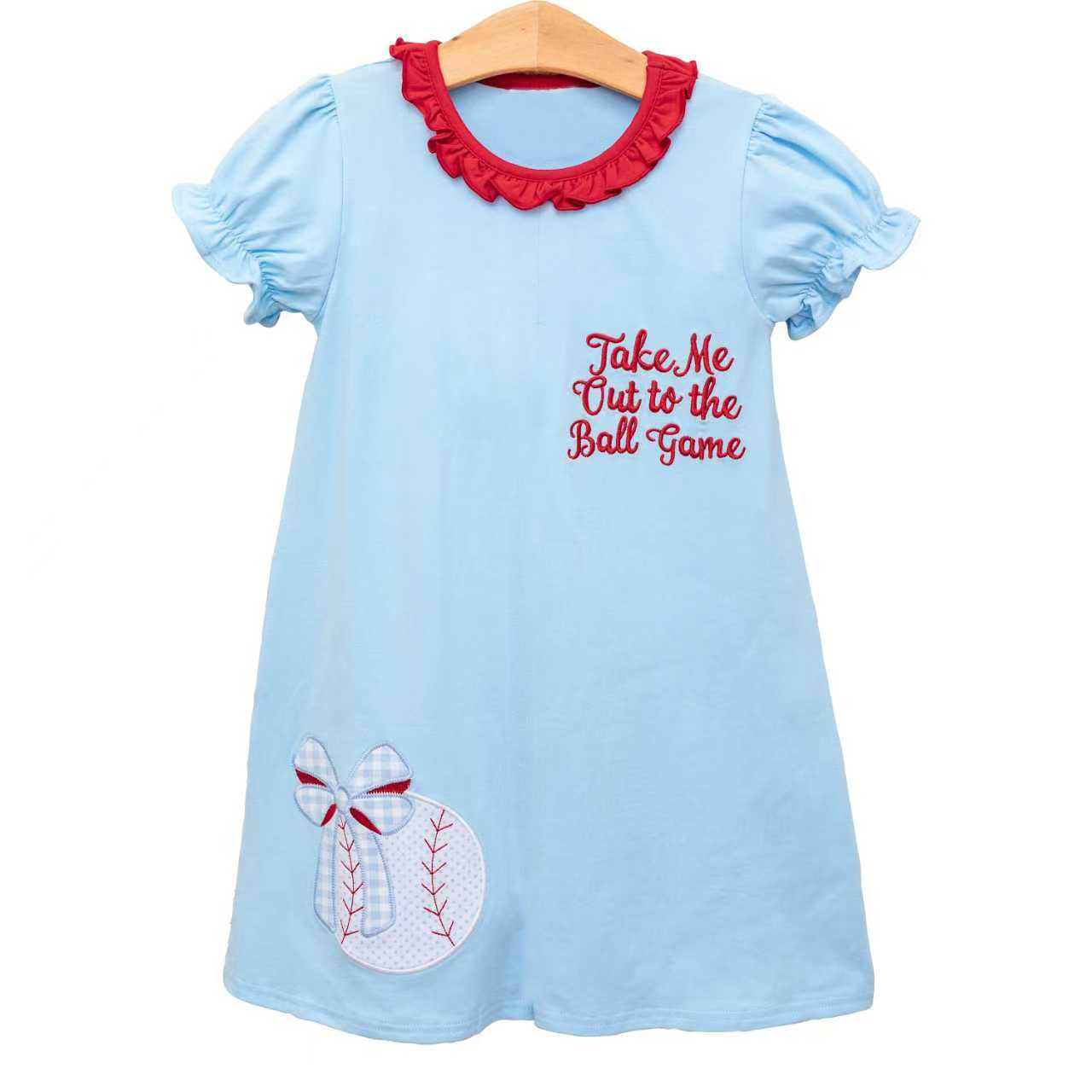 Pre-order no moq GSD3685 pre-order baby girl clothes baseball bow blue short sleeve summer dress-26.1.19