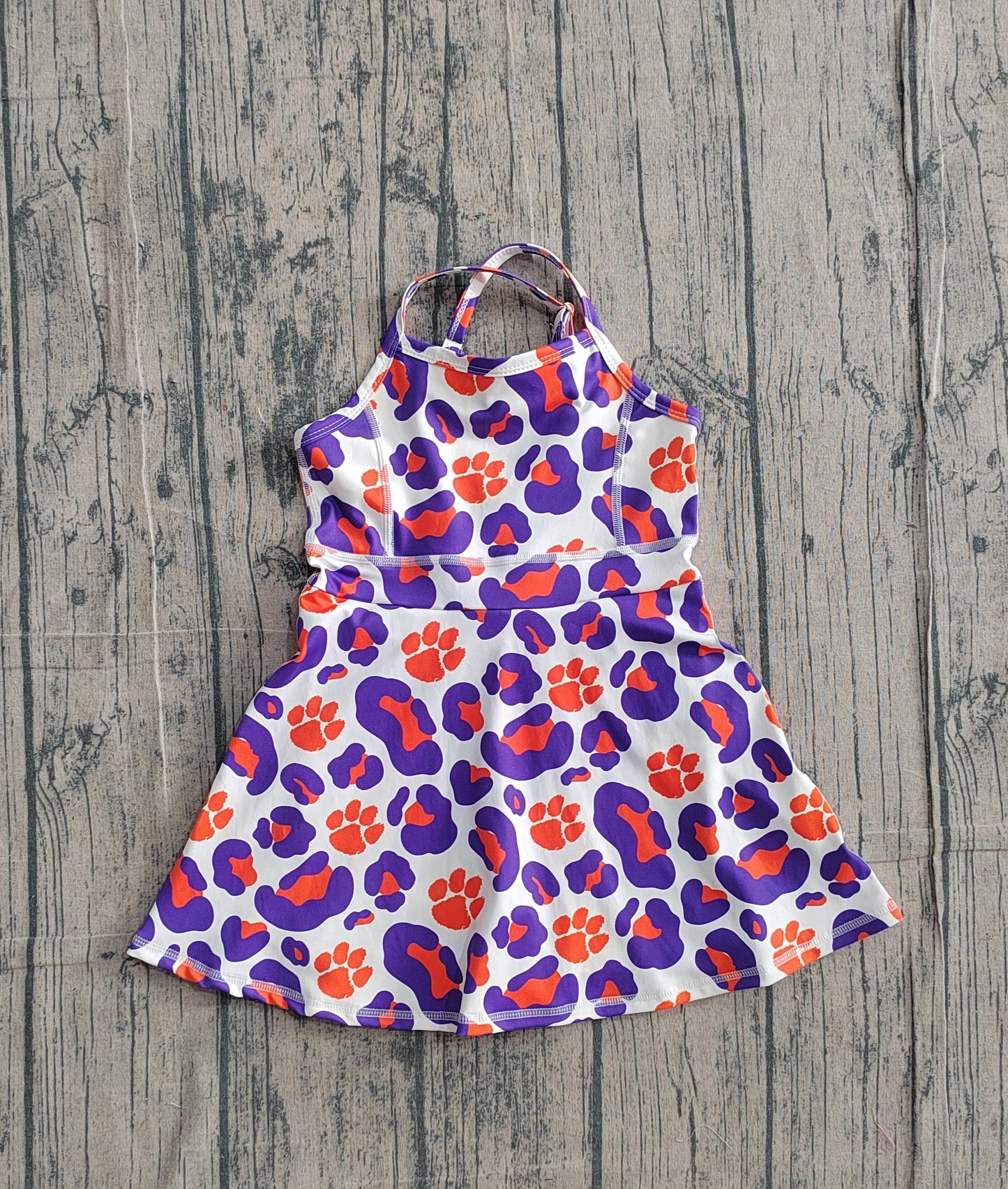 GSD3687 Preorder IRL Baby Girl Strap Leopard Pawls Team Yoga Active Shorts Knee Length Dress