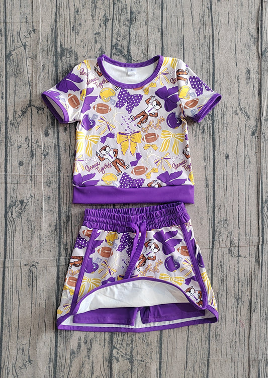 GSD3695 Preorder IRL Baby Girl Bow Football LSU Tigers Top Skirt Short Team Yoga Active Clothes Sets