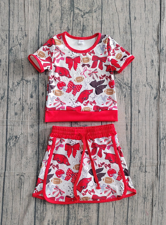 GSD3696 Preorder IRL Baby Girl Bow Football Red Bulls Top Skirt Short Team Yoga Active Clothes Sets