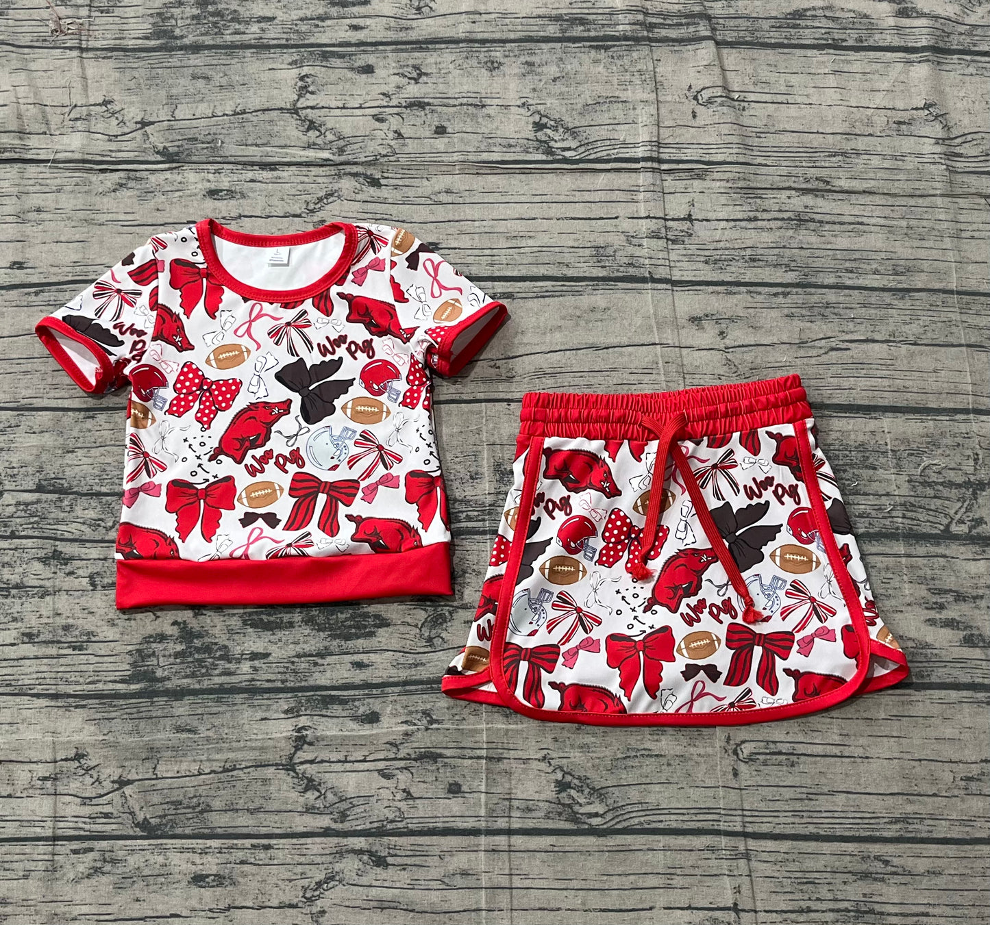 GSD3696 Preorder IRL Baby Girl Bow Football Red Bulls Top Skirt Short Team Yoga Active Clothes Sets