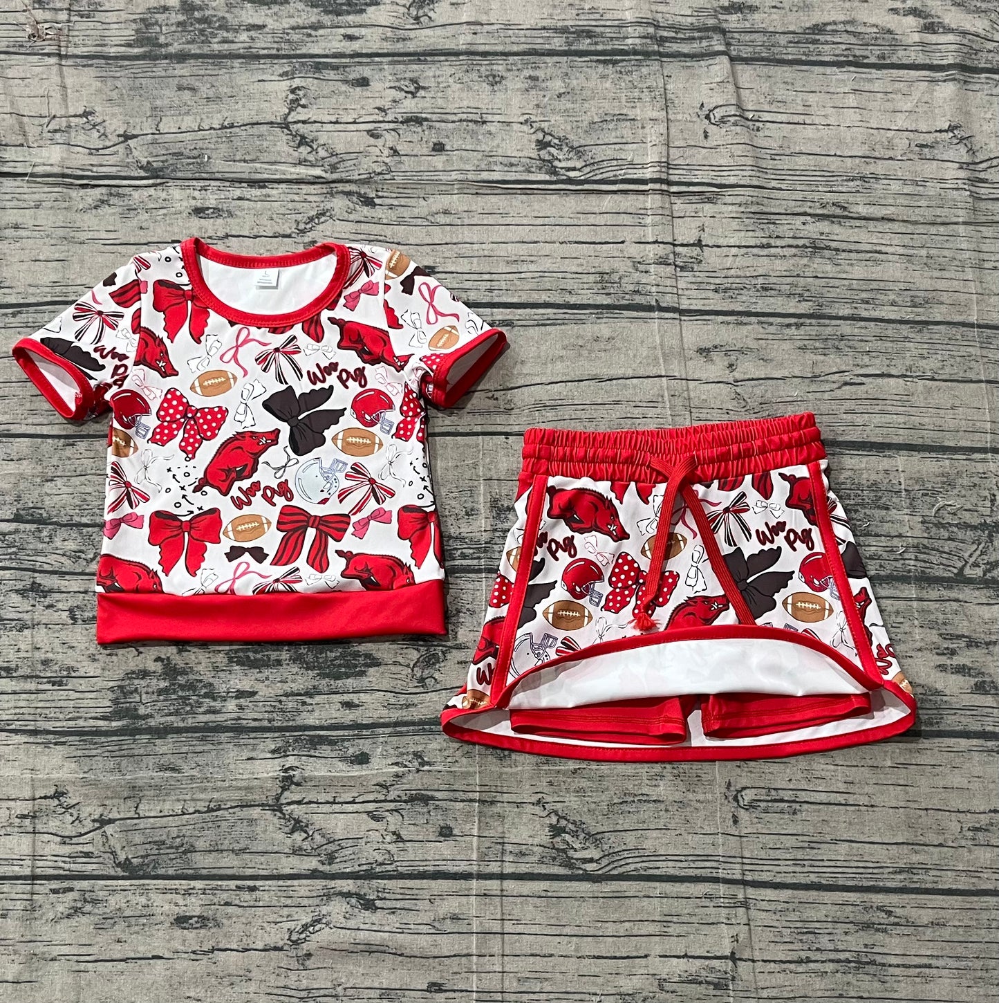 GSD3696 Preorder IRL Baby Girl Bow Football Red Bulls Top Skirt Short Team Yoga Active Clothes Sets