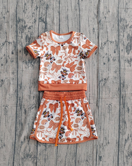 GSD3697 Preorder IRL Baby Girl Bow Football Bull Skulls Top Skirt Short Team Yoga Active Clothes Sets