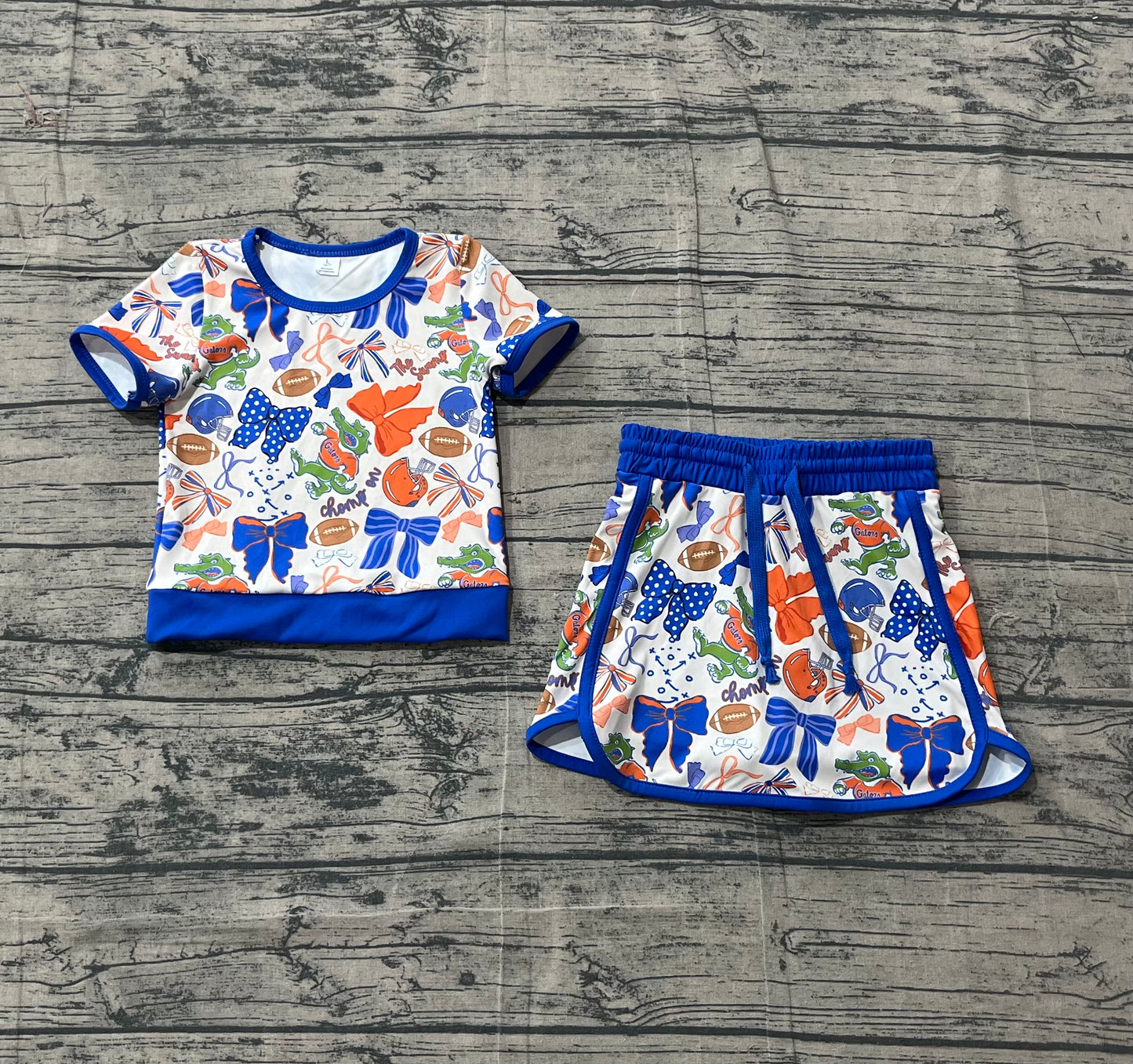 GSD3698 Preorder IRL Baby Girl Bow Football Crocodile Top Skirt Short Team Yoga Active Clothes Sets