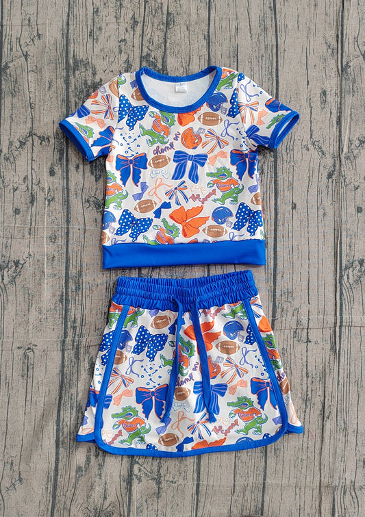 GSD3698 Preorder IRL Baby Girl Bow Football Crocodile Top Skirt Short Team Yoga Active Clothes Sets
