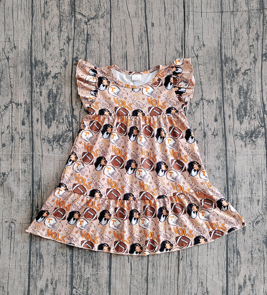 GSD3703 Preorder Sample Baby Girl Flutter Sleeve Footballs Bows Vols Team Patchwork Knee Length Dress