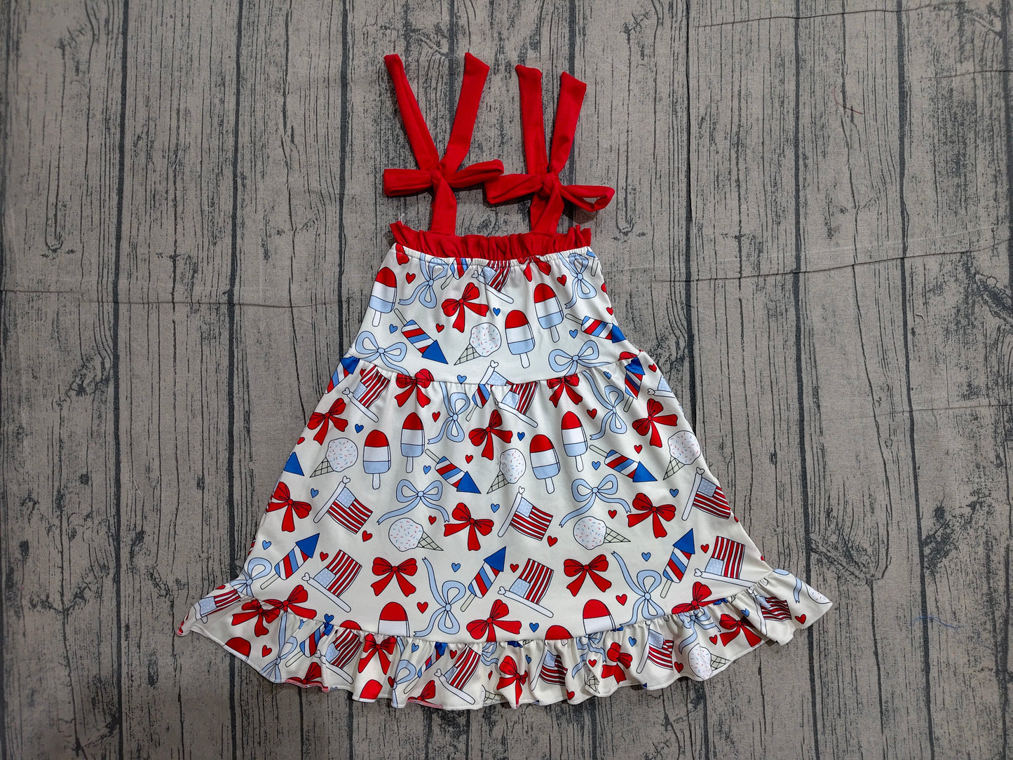 GSD3723 Preorder Sample Baby Girls Strap Red Blue Bows Popsicle 4th of July Collar Knee Length Dresses