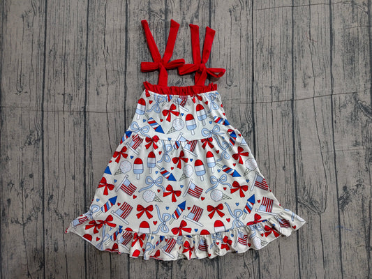 GSD3723 Preorder Sample Baby Girls Strap Red Blue Bows Popsicle 4th of July Collar Knee Length Dresses