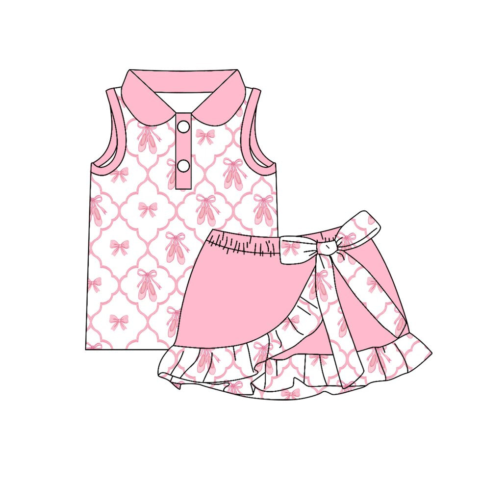 Pre-order no moq baby girl pink bows shoes plaid button top ruffle skirt shorts athletic active clothes set GSD3726