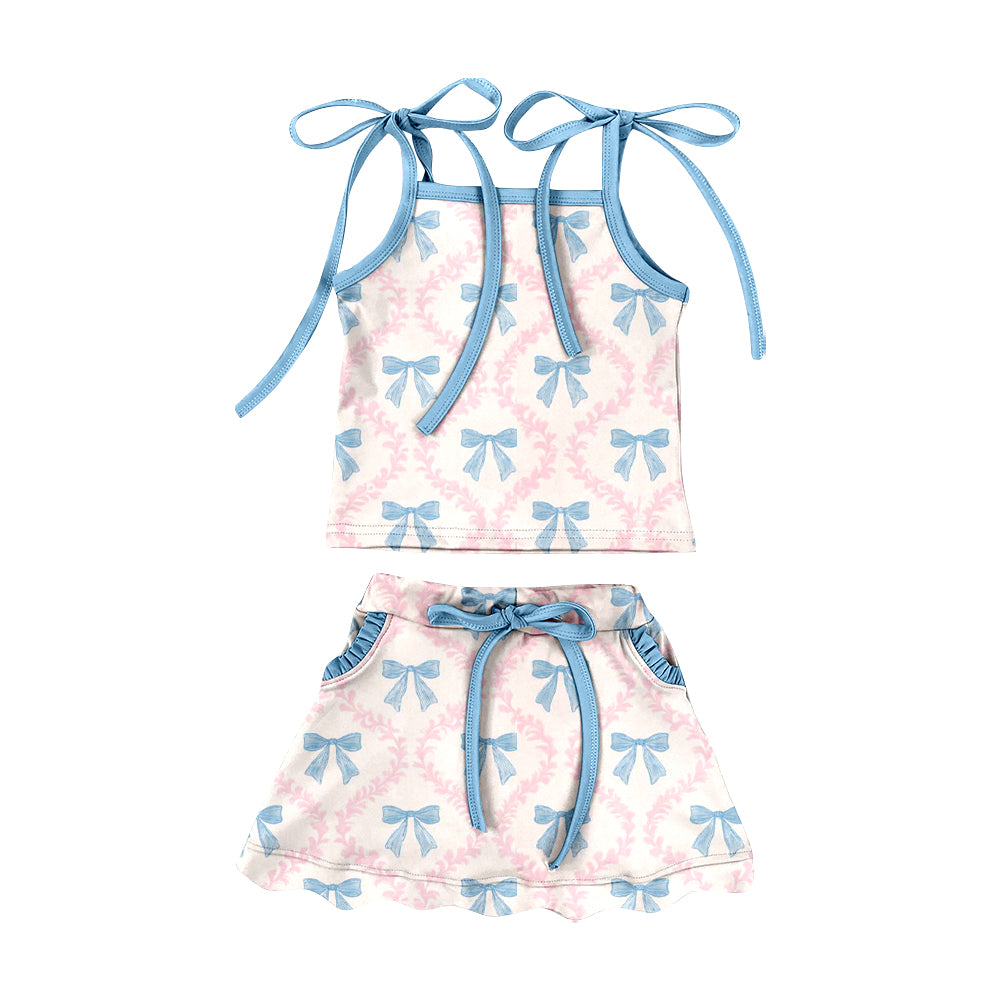 Pre-order no moq baby girl strap bow flowers top pockets scallop skirt shorts athletic active clothes set GSD3727