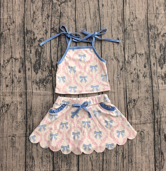 GSD3727 Preorder Sample Baby Girls Strap Bow Flowers Top Pockets Scallop Skirt Short Yoga Active Clothes Set