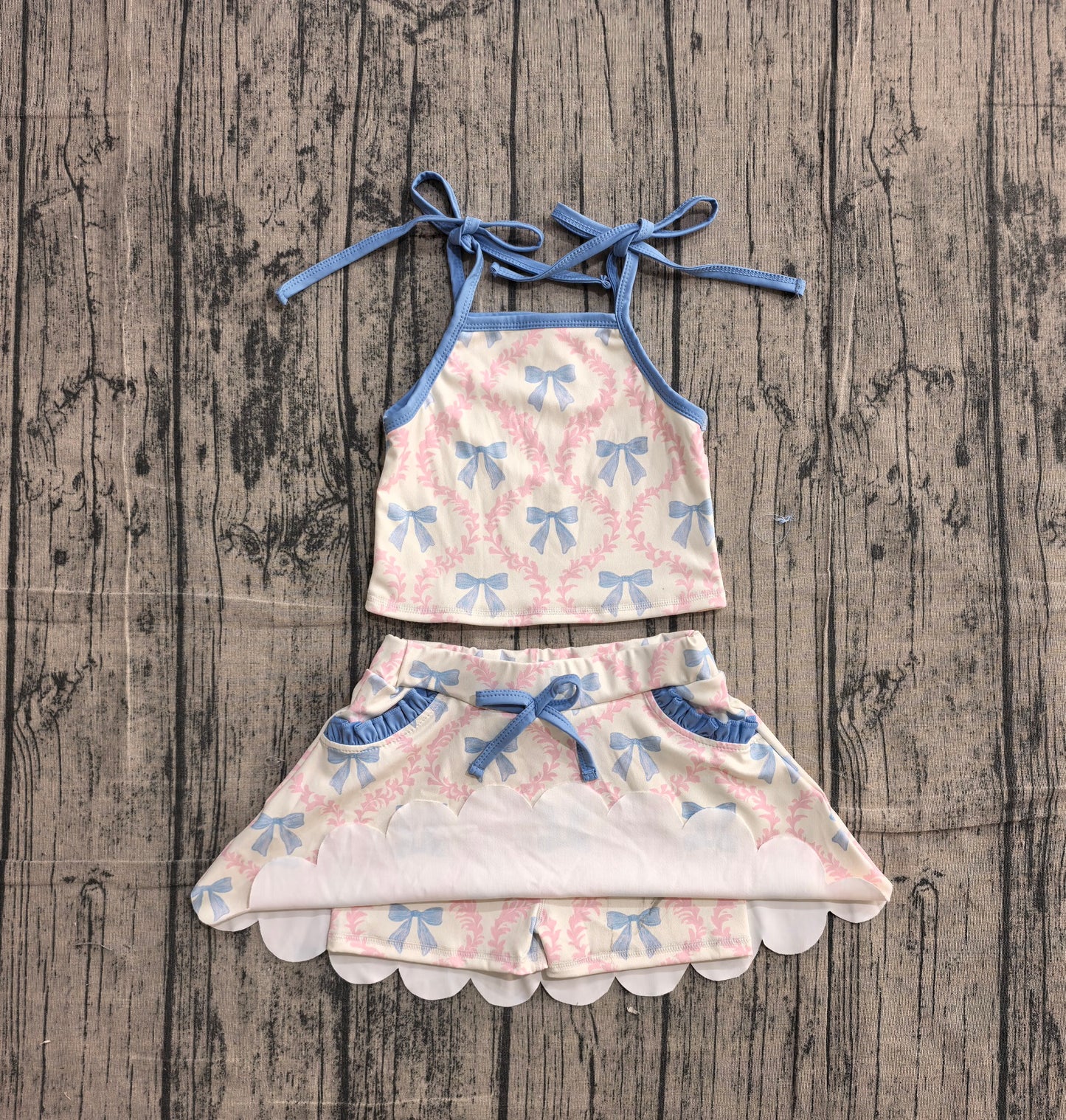 GSD3727 Preorder Sample Baby Girls Strap Bow Flowers Top Pockets Scallop Skirt Short Yoga Active Clothes Set
