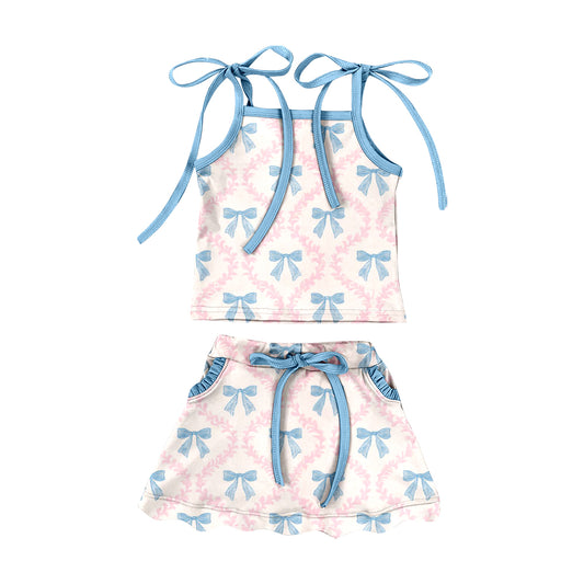 Pre-order no moq baby girl strap bow flowers top pockets scallop skirt shorts athletic active clothes set GSD3727