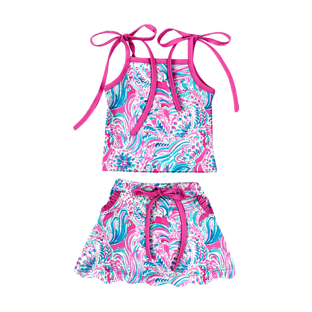 Pre-order no moq baby girl strap sea plants top pockets scallop skirt shorts athletic active clothes set GSD3728