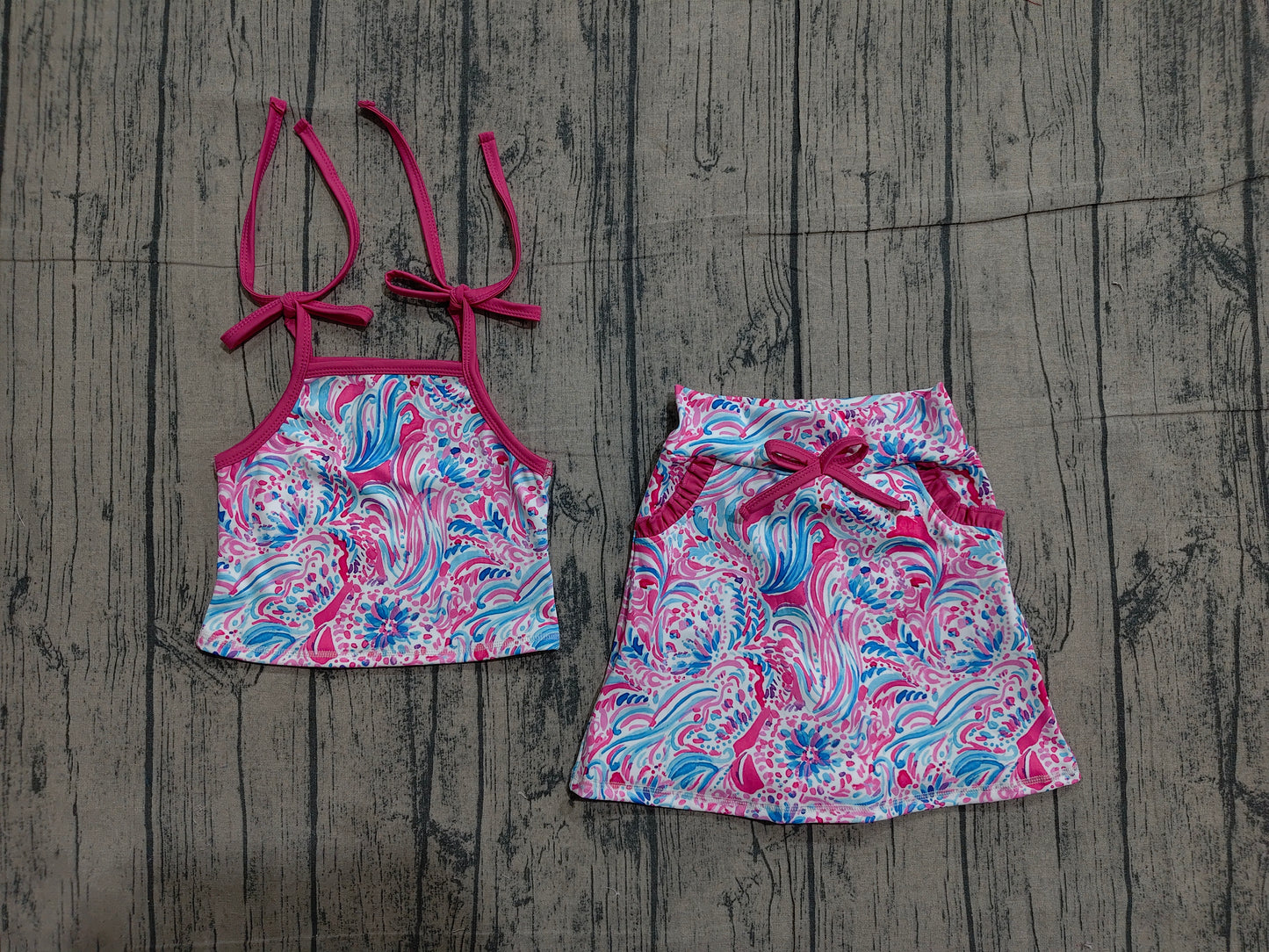 GSD3728 Preorder Sample Baby Girls Strap Sea Plants Top Pockets Scallop Skirt Short Yoga Active Clothes Set