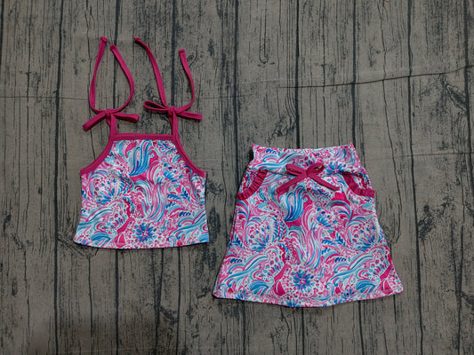 GSD3728 Preorder Sample Baby Girls Strap Sea Plants Top Pockets Scallop Skirt Short Yoga Active Clothes Set