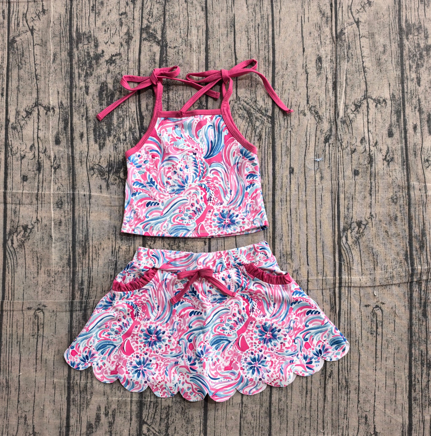 GSD3728 Preorder Sample Baby Girls Strap Sea Plants Top Pockets Scallop Skirt Short Yoga Active Clothes Set