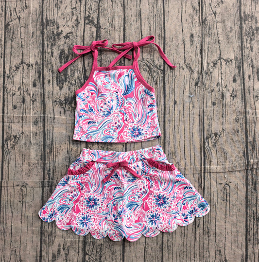 GSD3728 Preorder Sample Baby Girls Strap Sea Plants Top Pockets Scallop Skirt Short Yoga Active Clothes Set