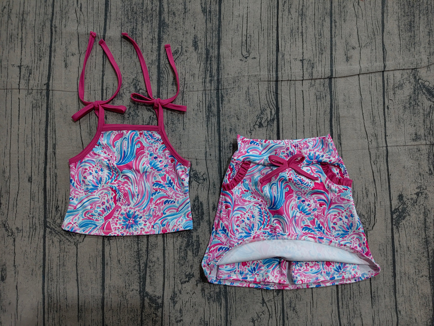 GSD3728 Preorder Sample Baby Girls Strap Sea Plants Top Pockets Scallop Skirt Short Yoga Active Clothes Set
