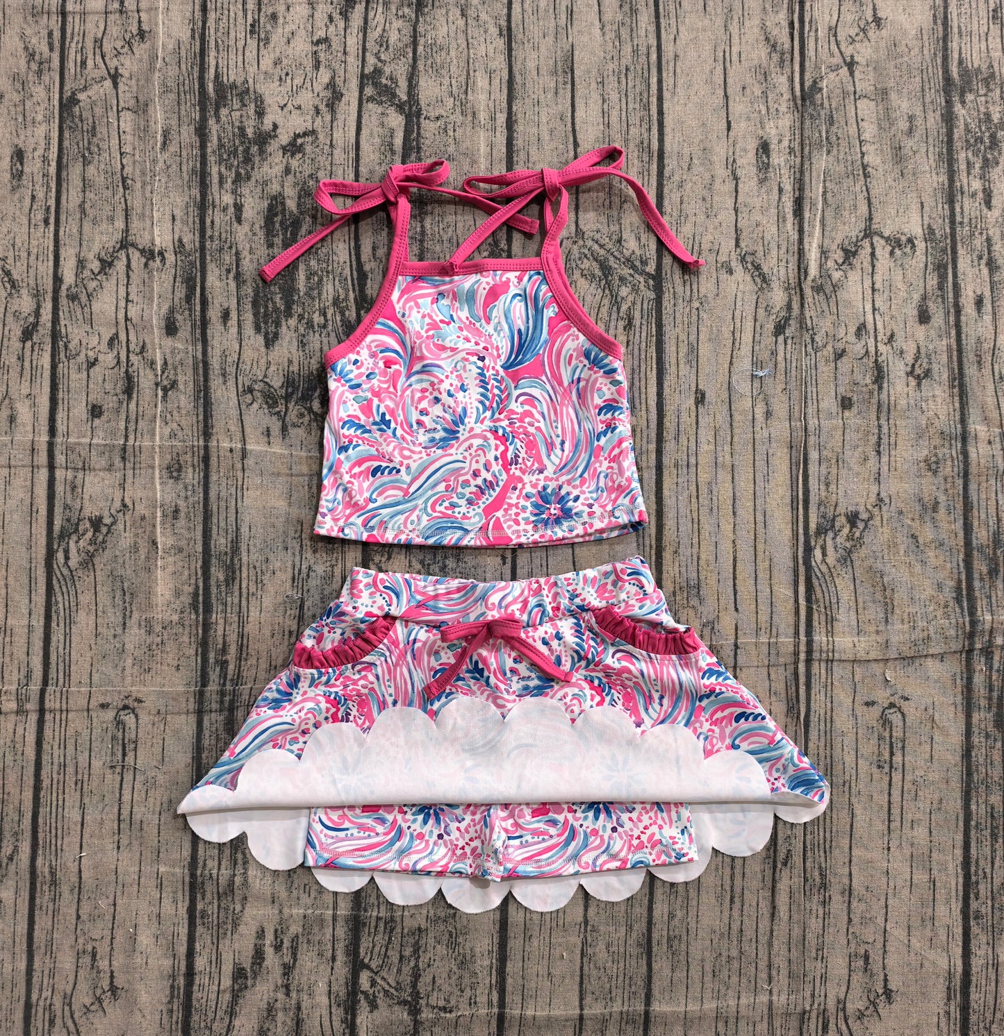 GSD3728 Preorder Sample Baby Girls Strap Sea Plants Top Pockets Scallop Skirt Short Yoga Active Clothes Set