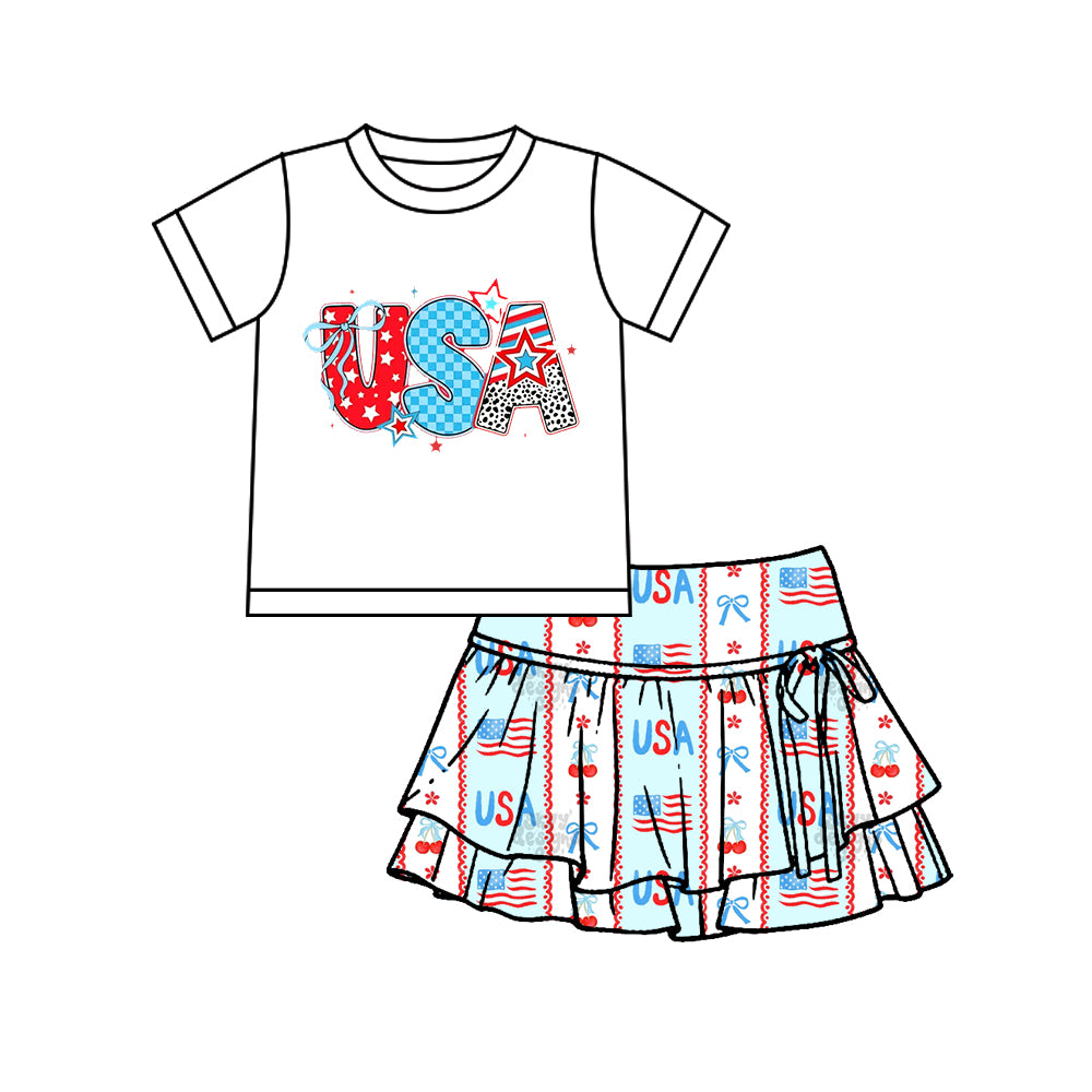Pre-sale Baby Girl USA Bows Top Yoga Active Skirt Shorts July 4th Clothes Set GSD3745